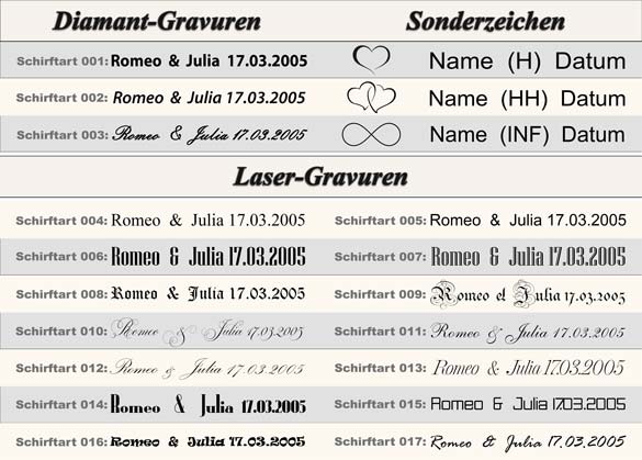 Gravurarten Übersicht der Schrifen für Trauringe Gravurarten Übersicht der Schriften für Trauringe - Bild